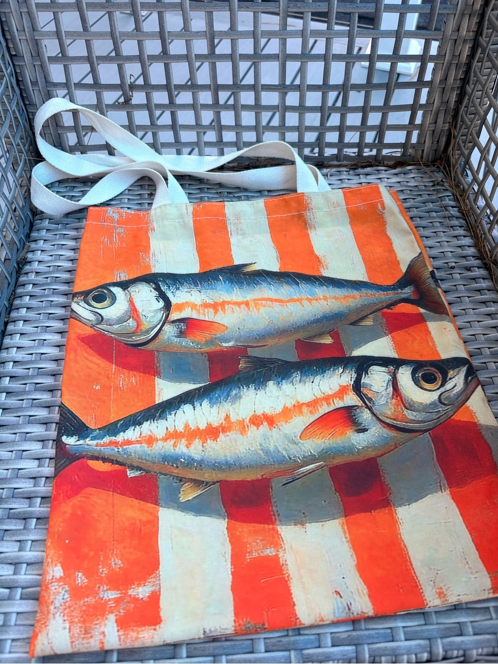 Cotton and Polyester Sardine Tote Bag in Orange and White Stripe